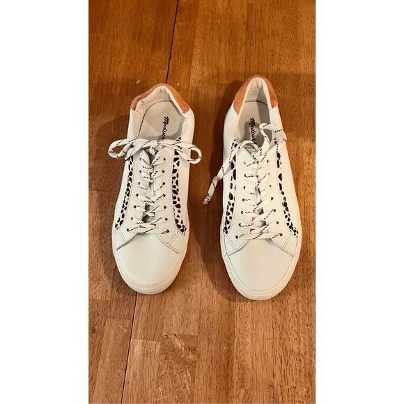 Madewell Leopard Print Trim WHite Leather Low Top Sneakers SZ 9 - Picture 1 of 10